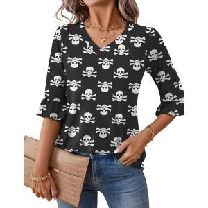 LOMON 3/4 Length Sleeve Womens Tops Summer V-Neck Blouses Spring Ruffle Sleeve Tunic T-Shirts Dressy Casual(Halloween Ghost)