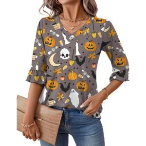 LOMON 3/4 Length Sleeve Womens Tops Summer V-Neck Blouses Spring Ruffle Sleeve Tunic T-Shirts Dressy Casual(Halloween Grey)