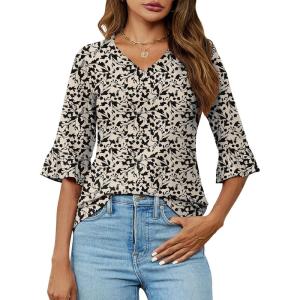 LOMON 3/4 Length Sleeve Womens Tops Summer V-Neck Blouses Spring Ruffle Sleeve Tunic T-Shirts Dressy Casual(Khaki Black Floral)