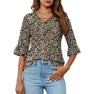 LOMON 3/4 Length Sleeve Womens Tops Summer V-Neck Blouses Spring Ruffle Sleeve Tunic T-Shirts Dressy Casual(Leopard)