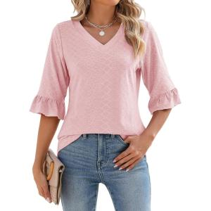 LOMON 3/4 Length Sleeve Womens Tops Summer V-Neck Blouses Spring Ruffle Sleeve Tunic T-Shirts Dressy Casual(Light Pink)