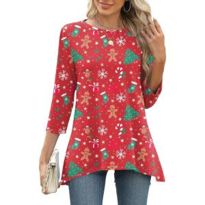 LOMON 3/4 Sleeve Tunic Tops for Women Loose Fit Dressy Casual Blouse Flowy Shirts to Wear with Leggings S-3XL(1-christmas Red)
