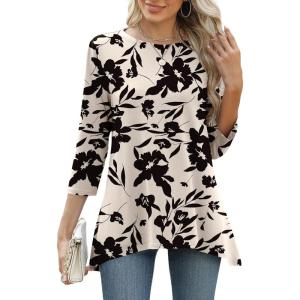 LOMON 3/4 Sleeve Tunic Tops for Women Loose Fit Dressy Casual Blouse Flowy Shirts to Wear with Leggings S-3XL(Apricot Black Floral)