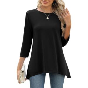 LOMON 3/4 Sleeve Tunic Tops for Women Loose Fit Dressy Casual Blouse Flowy Shirts to Wear with Leggings S-3XL(Black)