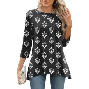 LOMON 3/4 Sleeve Tunic Tops for Women Loose Fit Dressy Casual Blouse Flowy Shirts to Wear with Leggings S-3XL(Black Boho Floral)