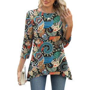 LOMON 3/4 Sleeve Tunic Tops for Women Loose Fit Dressy Casual Blouse Flowy Shirts to Wear with Leggings S-3XL(Black Floral)