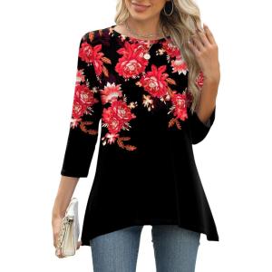 LOMON 3/4 Sleeve Tunic Tops for Women Loose Fit Dressy Casual Blouse Flowy Shirts to Wear with Leggings S-3XL(Black Red Floral)