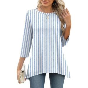 LOMON 3/4 Sleeve Tunic Tops for Women Loose Fit Dressy Casual Blouse Flowy Shirts to Wear with Leggings S-3XL(Blue White Stripes)