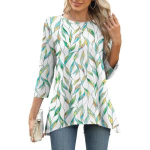 LOMON 3/4 Sleeve Tunic Tops for Women Loose Fit Dressy Casual Blouse Flowy Shirts to Wear with Leggings S-3XL(Colorful Leaf)