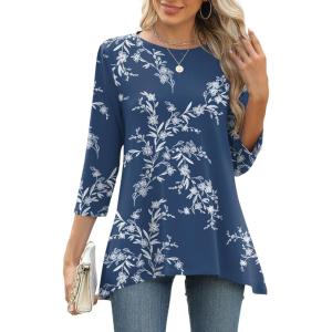 LOMON 3/4 Sleeve Tunic Tops for Women Loose Fit Dressy Casual Blouse Flowy Shirts to Wear with Leggings S-3XL(Dark Blue White Floral)