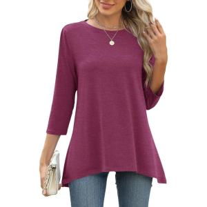 LOMON 3/4 Sleeve Tunic Tops for Women Loose Fit Dressy Casual Blouse Flowy Shirts to Wear with Leggings S-3XL(Dark Purple Red)