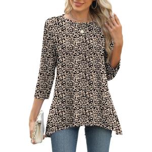 LOMON 3/4 Sleeve Tunic Tops for Women Loose Fit Dressy Casual Blouse Flowy Shirts to Wear with Leggings S-3XL(Leopard)