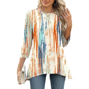 LOMON 3/4 Sleeve Tunic Tops for Women Loose Fit Dressy Casual Blouse Flowy Shirts to Wear with Leggings S-3XL(Multicolour Line)