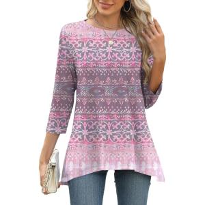 LOMON 3/4 Sleeve Tunic Tops for Women Loose Fit Dressy Casual Blouse Flowy Shirts to Wear with Leggings S-3XL(Pink Bohemia)