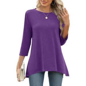 LOMON 3/4 Sleeve Tunic Tops for Women Loose Fit Dressy Casual Blouse Flowy Shirts to Wear with Leggings S-3XL(Purple)