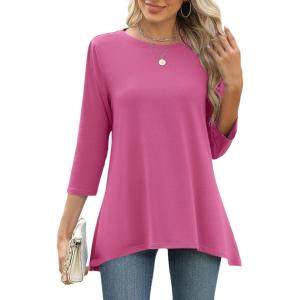 LOMON 3/4 Sleeve Tunic Tops for Women Loose Fit Dressy Casual Blouse Flowy Shirts to Wear with Leggings S-3XL(Purple Red)