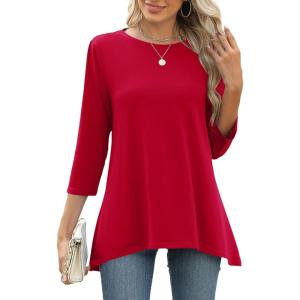 LOMON 3/4 Sleeve Tunic Tops for Women Loose Fit Dressy Casual Blouse Flowy Shirts to Wear with Leggings S-3XL(Red)