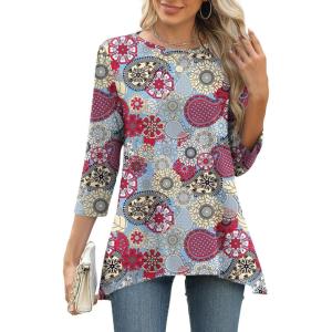 LOMON 3/4 Sleeve Tunic Tops for Women Loose Fit Dressy Casual Blouse Flowy Shirts to Wear with Leggings S-3XL(Red Paisley)