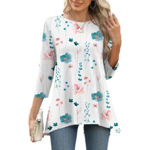 LOMON 3/4 Sleeve Tunic Tops for Women Loose Fit Dressy Casual Blouse Flowy Shirts to Wear with Leggings S-3XL(White Blue Pink Floral)