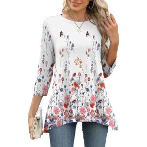 LOMON 3/4 Sleeve Tunic Tops for Women Loose Fit Dressy Casual Blouse Flowy Shirts to Wear with Leggings S-3XL(White Pink Floral)
