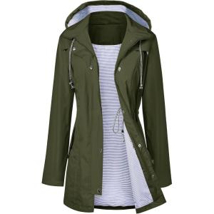 LOMON Raincoat Women Waterproof Long Hooded Trench Coats Lined Windbreaker Travel Jacket S-XXL(Army Green)