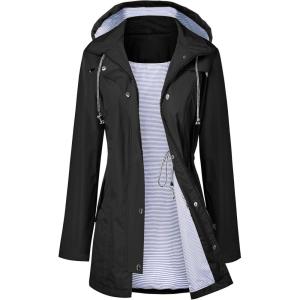 LOMON Raincoat Women Waterproof Long Hooded Trench Coats Lined Windbreaker Travel Jacket S-XXL(Black)