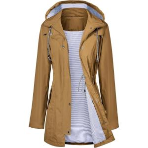 LOMON Raincoat Women Waterproof Long Hooded Trench Coats Lined Windbreaker Travel Jacket S-XXL(Brown)