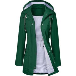 LOMON Raincoat Women Waterproof Long Hooded Trench Coats Lined Windbreaker Travel Jacket S-XXL(Deep Green)