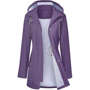 LOMON Raincoat Women Waterproof Long Hooded Trench Coats Lined Windbreaker Travel Jacket S-XXL(Deep Purple)