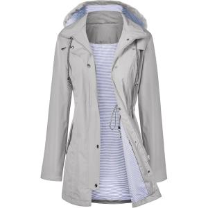 LOMON Raincoat Women Waterproof Long Hooded Trench Coats Lined Windbreaker Travel Jacket S-XXL(Gray)