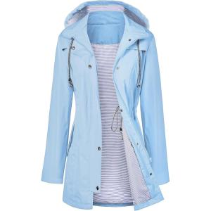 LOMON Raincoat Women Waterproof Long Hooded Trench Coats Lined Windbreaker Travel Jacket S-XXL(Light Blue)