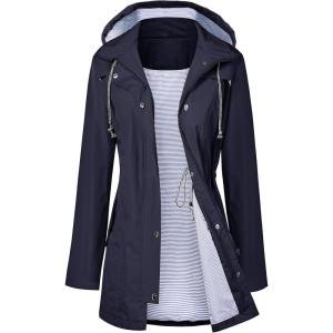 LOMON Raincoat Women Waterproof Long Hooded Trench Coats Lined Windbreaker Travel Jacket S-XXL(Navy Blue)