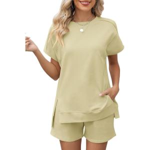 LOMON Womens Fashion 2 Piece Outfits Sweatsuits 2026 Summer Short Sleeve Loungewear Tracksuit Round Neck Lounge Shorts Sets(Apricot)