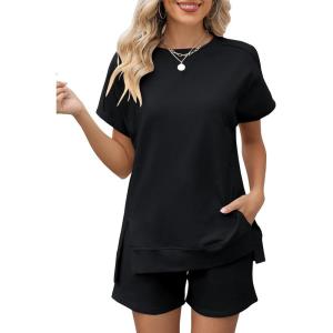 LOMON Womens Fashion 2 Piece Outfits Sweatsuits 2026 Summer Short Sleeve Loungewear Tracksuit Round Neck Lounge Shorts Sets(Black)