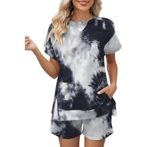 LOMON Womens Fashion 2 Piece Outfits Sweatsuits 2026 Summer Short Sleeve Loungewear Tracksuit Round Neck Lounge Shorts Sets(Black Tie Dye)