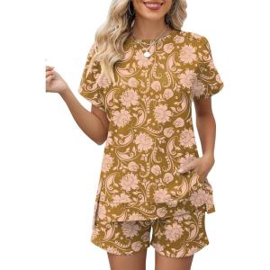 LOMON Womens Fashion 2 Piece Outfits Sweatsuits 2026 Summer Short Sleeve Loungewear Tracksuit Round Neck Lounge Shorts Sets(Brown Floral)