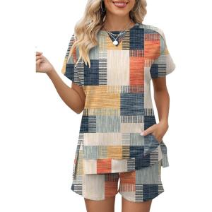 LOMON Womens Fashion 2 Piece Outfits Sweatsuits 2026 Summer Short Sleeve Loungewear Tracksuit Round Neck Lounge Shorts Sets(Colorful Plaid)