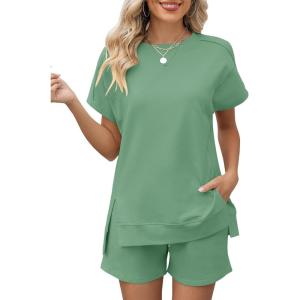 LOMON Womens Fashion 2 Piece Outfits Sweatsuits 2026 Summer Short Sleeve Loungewear Tracksuit Round Neck Lounge Shorts Sets(Gray Green)