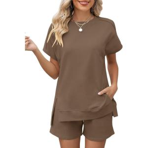 LOMON Womens Fashion 2 Piece Outfits Sweatsuits 2026 Summer Short Sleeve Loungewear Tracksuit Round Neck Lounge Shorts Sets(Khaki)