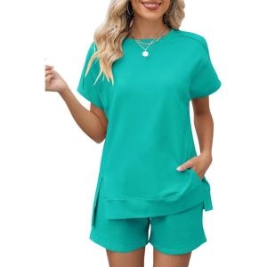 LOMON Womens Fashion 2 Piece Outfits Sweatsuits 2026 Summer Short Sleeve Loungewear Tracksuit Round Neck Lounge Shorts Sets(Lake Blue)