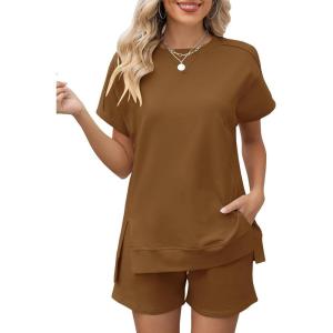 LOMON Womens Fashion 2 Piece Outfits Sweatsuits 2026 Summer Short Sleeve Loungewear Tracksuit Round Neck Lounge Shorts Sets(Light Coffee)