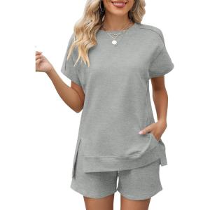 LOMON Womens Fashion 2 Piece Outfits Sweatsuits 2026 Summer Short Sleeve Loungewear Tracksuit Round Neck Lounge Shorts Sets(Light Grey)