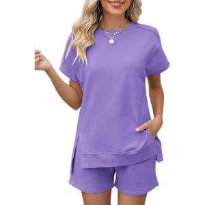LOMON Womens Fashion 2 Piece Outfits Sweatsuits 2026 Summer Short Sleeve Loungewear Tracksuit Round Neck Lounge Shorts Sets(Light Purple)