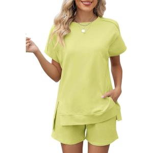 LOMON Womens Fashion 2 Piece Outfits Sweatsuits 2026 Summer Short Sleeve Loungewear Tracksuit Round Neck Lounge Shorts Sets(Lime Cream)