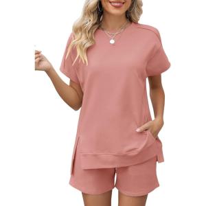 LOMON Womens Fashion 2 Piece Outfits Sweatsuits 2026 Summer Short Sleeve Loungewear Tracksuit Round Neck Lounge Shorts Sets(Pink)