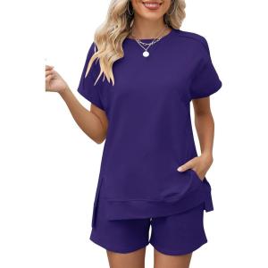 LOMON Womens Fashion 2 Piece Outfits Sweatsuits 2026 Summer Short Sleeve Loungewear Tracksuit Round Neck Lounge Shorts Sets(Purple)