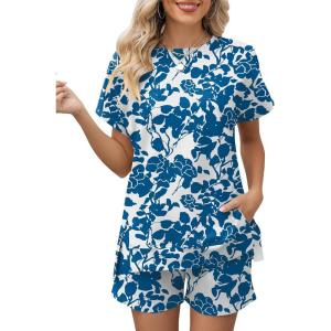 LOMON Womens Fashion 2 Piece Outfits Sweatsuits 2026 Summer Short Sleeve Loungewear Tracksuit Round Neck Lounge Shorts Sets(White+blue Floral)