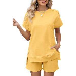 LOMON Womens Fashion 2 Piece Outfits Sweatsuits 2026 Summer Short Sleeve Loungewear Tracksuit Round Neck Lounge Shorts Sets(Yellow)