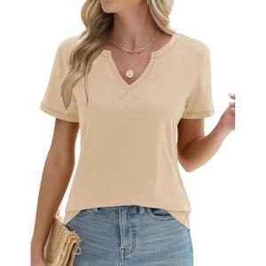 LOMON Womens Short Sleeve T Shirts V Neck Cute Basic Tee Summer Tops Dressy Casual(Apricot)