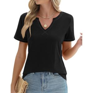 LOMON Womens Short Sleeve T Shirts V Neck Cute Basic Tee Summer Tops Dressy Casual(Black)